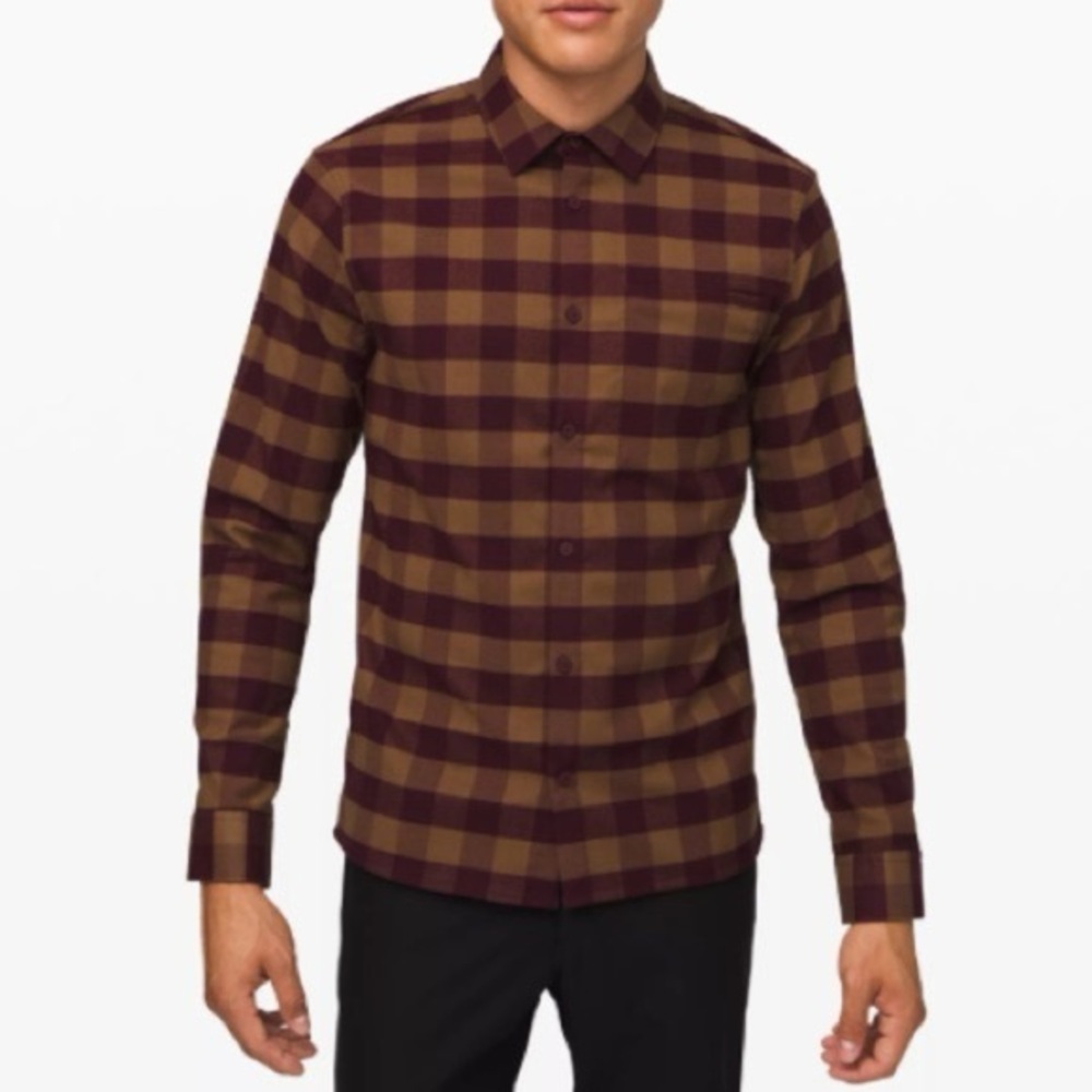 lululemon athletica Brown and Burgundy Plaid Casual Button Down Shirt